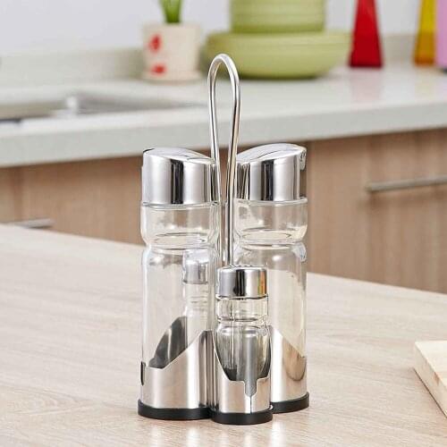 Seasoning Bottle Set Condiment Holder Seasoning Rack Four-in-One Oil Vinegar Dispensers with Caddy Stand Stainless Steel Tops