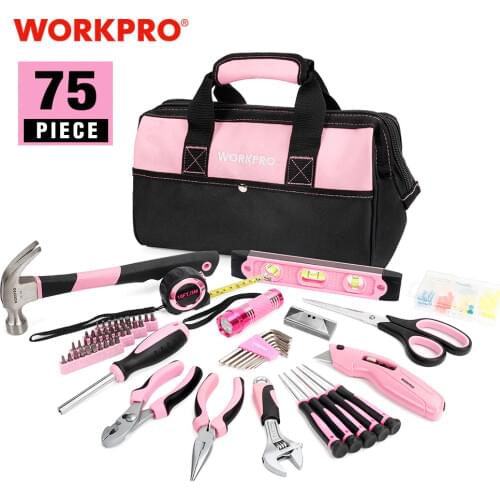 WORKPRO 75PC Household Tool Set Pink Home Tools Prescision Screwdriver Set Flashlight Tool Bag