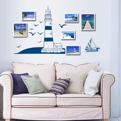 DIY Home parede mural decals wallpaper Removable Wall stickers with Blue Ocean Sail Boat Ship Seagull Tower Decor