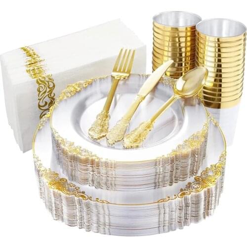 60 Pcs Disposable Tableware Transparent Golden Plastic Tray With Disposable Silverware Glasses Birthday Wedding Party Supplies