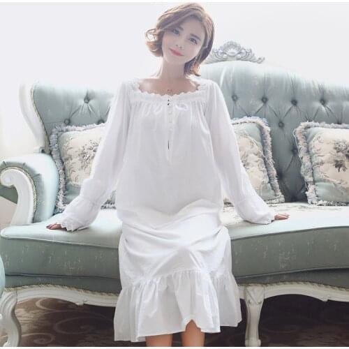 Autumn Women Sexy Sleepwear Korean Lovely White Long Sleeve Princess Nightdress Palace Retro Cotton Plus Size Loose Soft pijams
