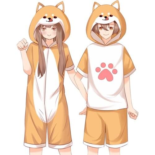 Kawaii Shiba Inu Pajamas Onesie Adults Kigurumi Corgi Hooded Sleepwear Plus Size Cute Anime Short Jumpsuit Women Men Nightwear