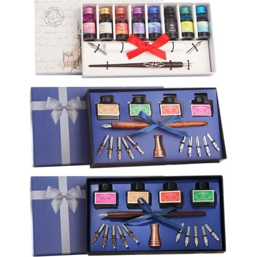 H05B Wooden Caligraphy Dip Pen Hook Line Signature Fountain Pens with Ink Nibs Set Offices School Stationery Gift