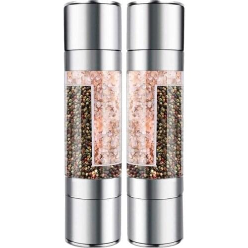 2 Pcs Stainless Steel 2 in 1 Manual Salt & Pepper Grinder Refillable with Dual Adjustable Coarseness Clear Acrylic Body