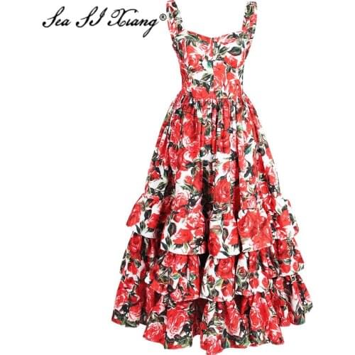 Seasixiang Ladies Resort Dresses Womens Elegant Rose Flower Printed Midi Spaghetti Strap Layer Cake Party Dresses