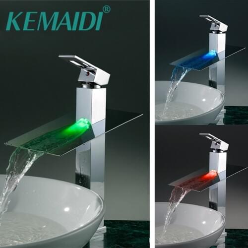 KEMAIDI Bathroom Sink MixerLED Chrome Tall Basin Faucet Water Tap Waterfall Torneira Vanity Vessel Sinks Mixers Taps Faucets