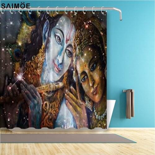 Colorful Vintage Bathroom Curtain Hindu Divine Couple Painting Waterproof Shower Curtain Polyester Fabric Bath Shower Sets