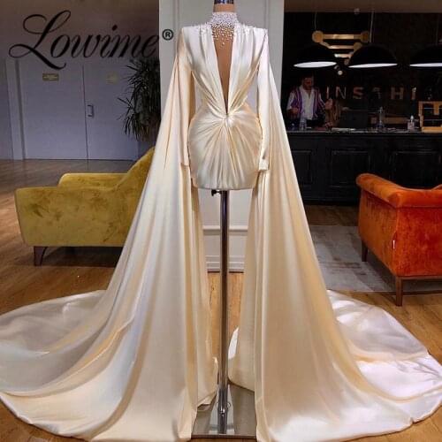 Pearls Dubai Evening Dress Luxury Short Party Dresses 2020 Customized Long Sleeves Women Formal Evening Gown Arabic Prom Gowns