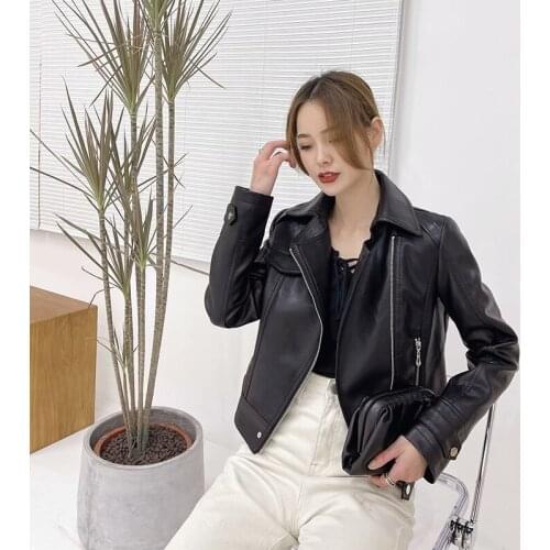 Black Beige Pink Slim Washed Faux Leather Women Short Biker Jacket Plus size Lapel long sleeves Biker Motorcycle Coat Female