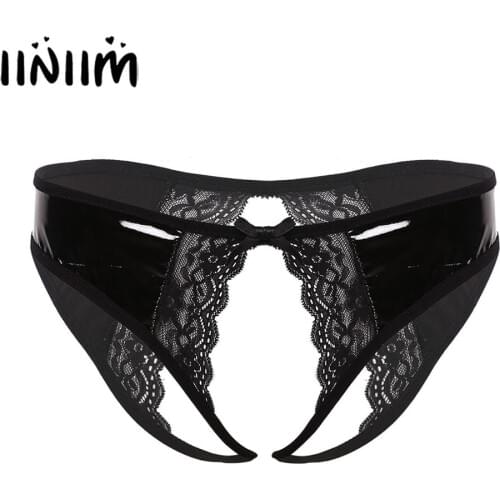 Iiniim Womens Femme Open Crotch Butt Hole Sissy Panties Leather Crotchless Lace Cheeky Hipster Briefs Exotic Lingerie Underwear