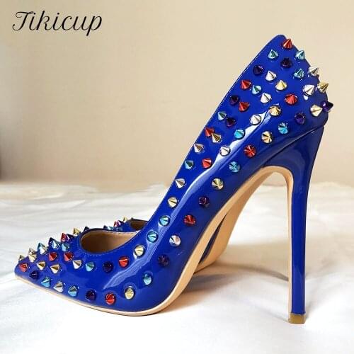 Tikicup Colorful Spikes Women Patent High Heels Pointed Toe Stilettos With Studs Ladies Slip On Pumps Wild Rivets Party Shoes