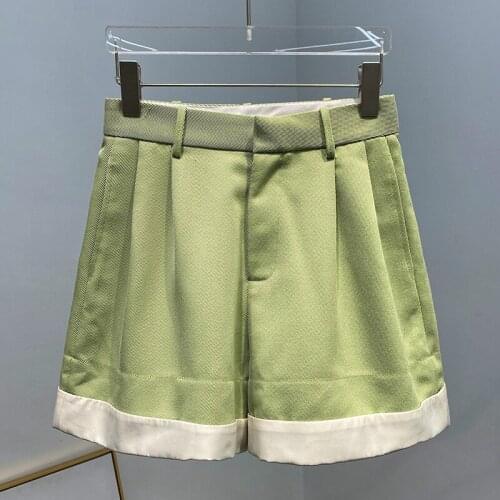 Straight Pants For Women Mid Waist With Pockets Patchwork Hit Color Loose Green Shorts Female 2020 Summer New Clothing Tide K819