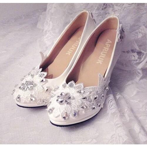 Platforms white lace wedding shoes woman high heeled round toes platforms silver crystal rhinestones romantic wedding shoe bride