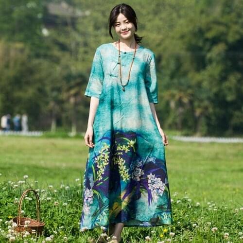Robe Vintage Femme 2019 Summer Dresses Print Floral Maxi Dress Loose Oversize Women Retro Gown Elegant Chinese Dresses TA1555