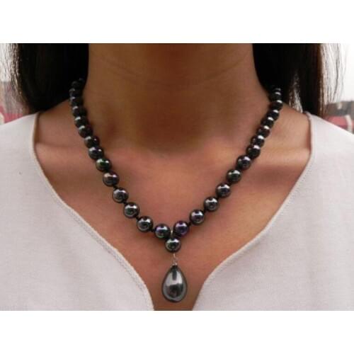 Woman jewelry necklace 8mm round bead Bright black colors Natural SOUTH SEA SHELL PEARL 12mm pendant NECKLACE 18'' 45cm