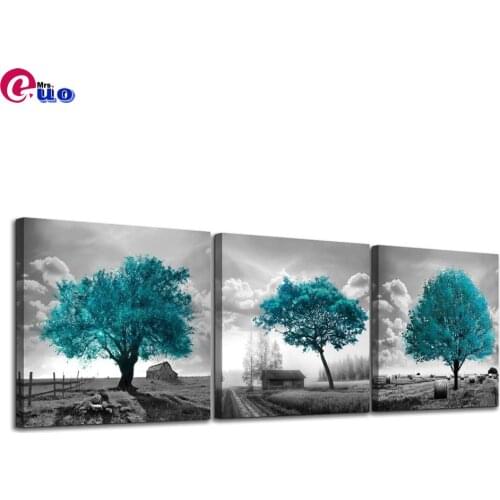 3pcs Diy Diamond Painting 5d Wall Decor For Bedroom Black and White Farmhouse Rustic Country Landscape Teal Trees Triptych