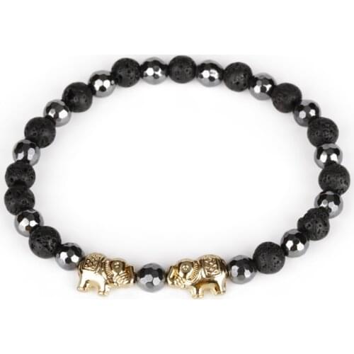 6mm Natural Black Rock Lava Bead Alternate Faceted Hematite Healing Stone Double Elephant Charm Energy Bracelet For Man Women
