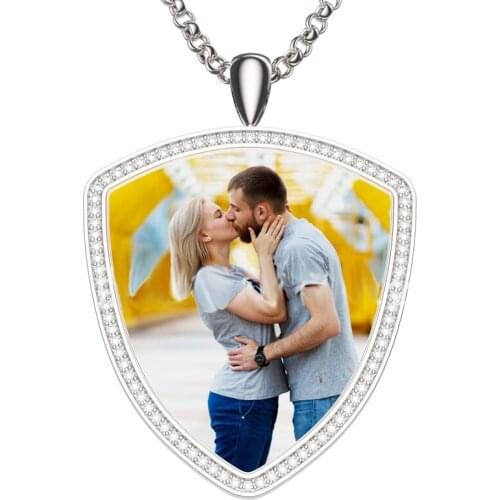 Amxiu 925 Sterling Silver Necklace Custom Photo Pendant Necklace Shield Necklace with Zircons For Women Men DIY Jewelry Gifts