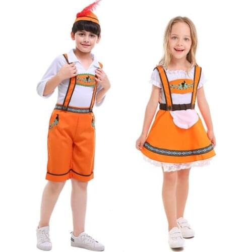Children Boy Girls Orange Lederhosen Oktoberfest Costume German Bavarian Fantasia Party Uniform Kid Beer Waiter Maid Costumes