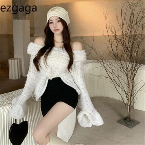 Ezgaga Elegant Sweater Women 2021 Autumn Slash Neck Off Shoulder Solid Long Sleeve Knitted Pullover Korean Chic Outwear Stylish
