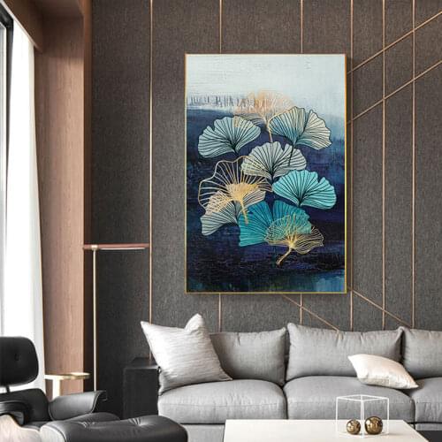 Beautiful Blue Poster Print Nordic Blue Ginkgo Leaf Canvas Painting Fashion Wall Art Picture for Living Room Abstract Decoration