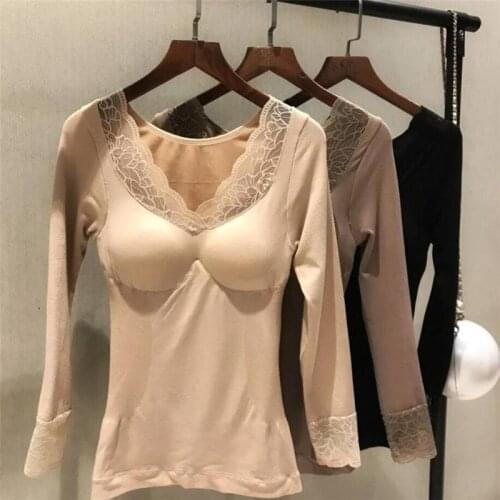 Women 2020 New Autumn Winter Slim Warm Tops Thermal Underwear Female Lace Padded Crop Tops Ladies Body Shape Topics T Shirt E264