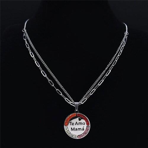 2PCS Stainless Steel Round Te Amo Mama Silver Color Pendant Necklace Women Chain Necklace Family Jewelry joyas mujer N4817S01