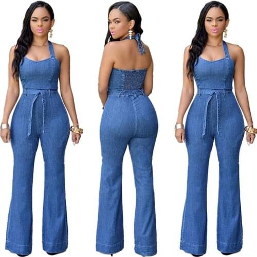 Sexy Elegant Jeans Jumpsuit Women Summer 2021 Plus Size Backless Sleeveless Strap Jumpsuits Clubwear Streetwear Trousers Long