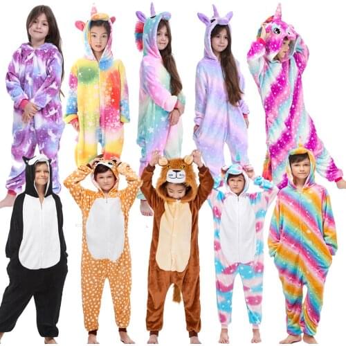 Lovely Winter Soft Warm Pajama Sets Rainbow Unicorn Pyjamas Boys Girls Kigurumi Cosplay Pajamas Animal Indoor Sleepwear for Kids