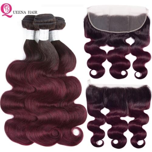 T1B/99j Ombre Bundles With Frontal Closure Cheap Brazilian Human Hair Weave Bundles With Frontal Body Wave Bundles With Frontal