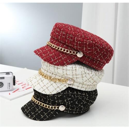 Christmas version girls plaid cap Spring autumn winter kids beanie hat toddler sailor style gold chain design Cap Berets Hats