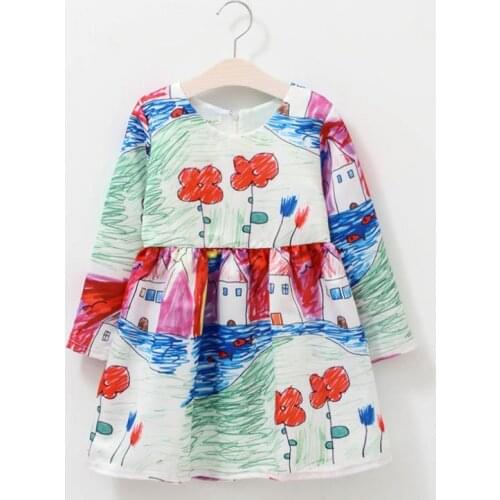 Hand Painting 2021 Fall New Childrens Dress Long Sleeve Kids Girls Dresses Graffiti Printing Childrens Wear Europe Style