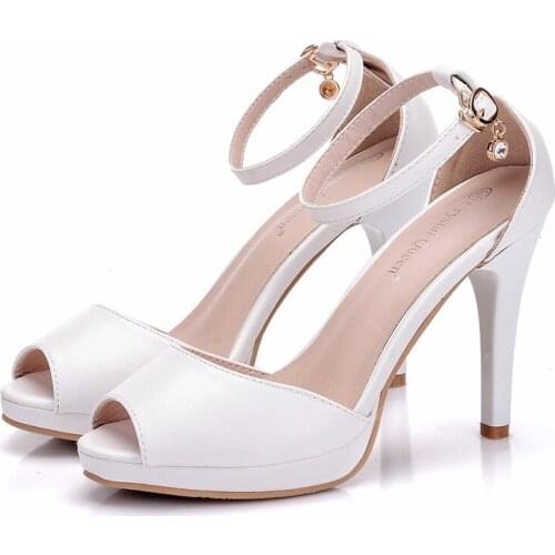 Women sandals wedding Party banquet PU Buckle Strap 10CM Thin High Heels Peep Toe zapatos de mujer women shoes size 35-42 white