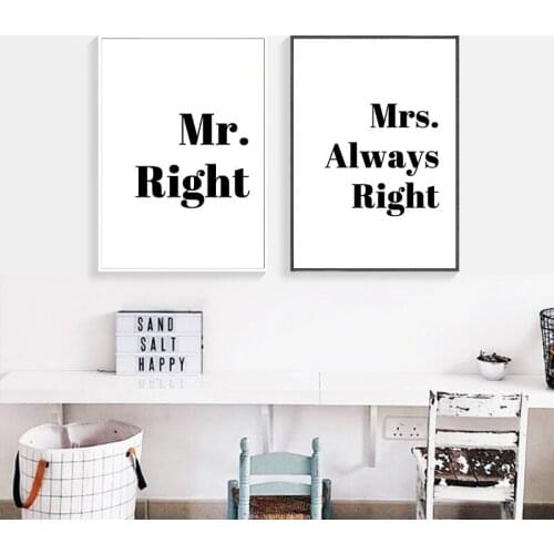 Modern Minimalist Art Canvas Painting Prints Black And White Quotes Poster Mr& Mrs Always Right Wall Home Decoration AL079