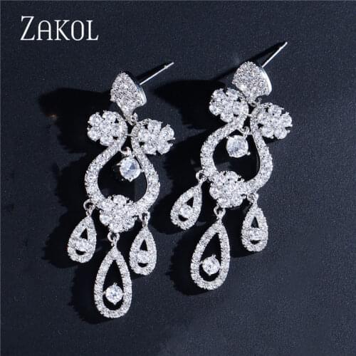 ZAKOL Fashion Chandelier Zircon Drop Earrings for Women Luxury White Color Leaf Wedding Earrings Bridal Jewelry Gift FSEP2268
