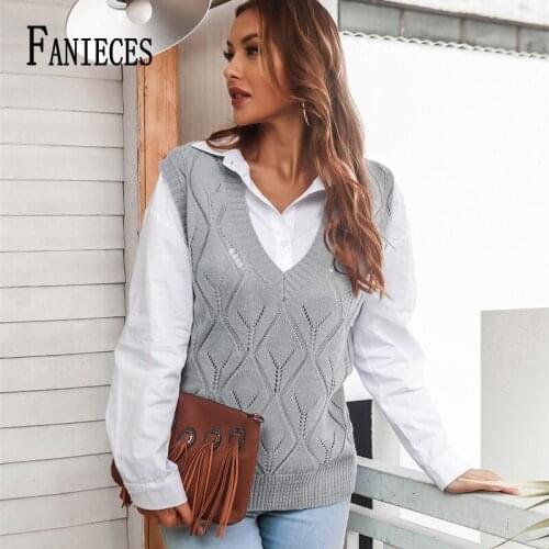 FANIECES Chic Autumn Sweater Vest Women Casual V Neck Solid Pullover Knitted Slim All-match Fashion Sleeveless Waistcoat свитер