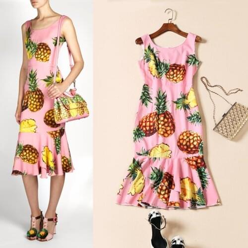 2017 Runway Designer Summer Dress Womens Sleeveless Vest fruit Pineapple Printed Ruffles Sheath Cute Mermaid Dress Bodycon