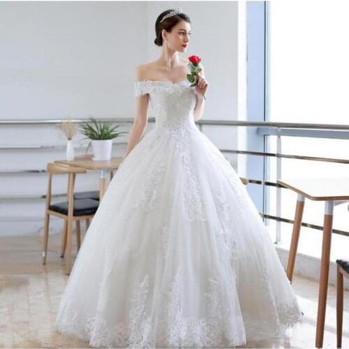 2021 Off White Sexy Boat Neck Wedding Dress Beautiful Lace Flower Ball Gown The Shoulder Princess Bridal Custom Made