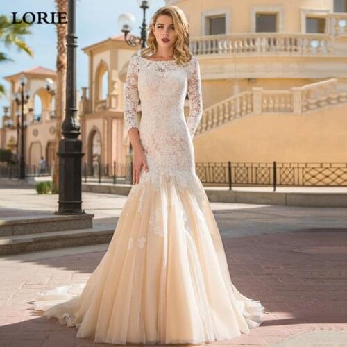 LORIE Champagne Mermaid Wedding Dresses 3/4 Long Sleeve Lace Bride Dresses Vestidos De Novia Backless Modest Wedding Gowns