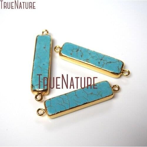 10Pcs Designer Gold Electroplated Oblong Shape Double Bail Pendant Orchid Synthetic Turquoises Connector 35x9mm PC152