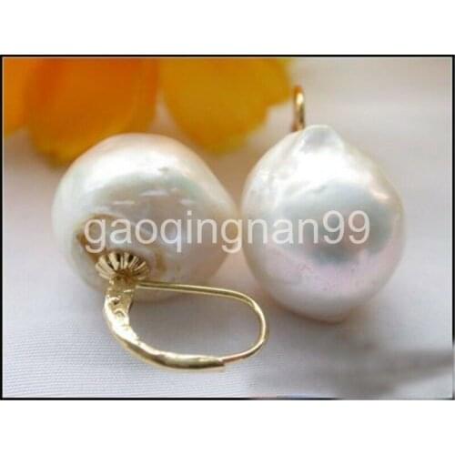18MM baroque almost round white keshi reborn pearl earring 14K