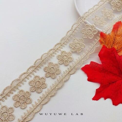2Yard Gold Bilateral Flowers Mesh Lace Ribbon Trim Fabric Wedding Party Costume Cloth Decorative Handmade DIY Headwear Ornaments