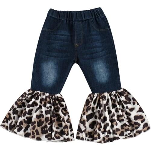 2021 Fashion Toddler Kids Girls Leopard Patchwork Jeans Pants Outfits 2-7Y Elastic High Waist Ripped Flare Trousers Pants