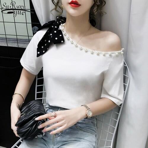 2021 Summer New Round Neck Bow Loose Slimming Shirt Female Korean Style College Style Beaded Shirt Women Chemisier Femme 10263