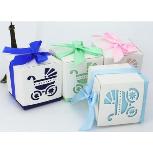 50pcs/lot Hollow Stroller Candy Box Children Birthday Gifts for Guests Boxes with Ribbon Baby Shower Sweet Box Decoration