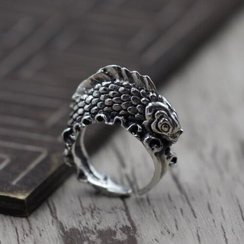 925 sterling silver jewelry silver to create personalized three-dimensional carved fish Retro Old ring opening ring