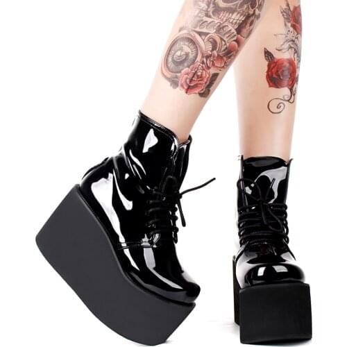 Angelic imprint Women motorcycle shoes lady high heels lolita punk short boots woman princess dress pumps lace up 33-47 10cm PL