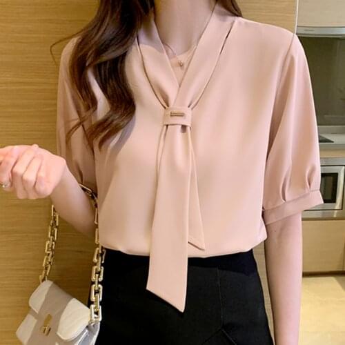 Blusas Fashion Women White Shirts 2021 Summer New Chiffon Blouse V Neck Women Tops Short Sleeve Female Clothing with Tie 16385