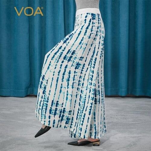 VOA Silk 30m/m White Background Blue Halo Dyed Side Zipper Bump Splicing Elegant Trousers Temperament Pants for Women KE209