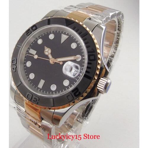 Sterile Mechanical Men Watch 24 Jewels NH35 Movement Rose Gold Coated Bracelet Brushed Bezel Insert Mental Back Deployment Clasp